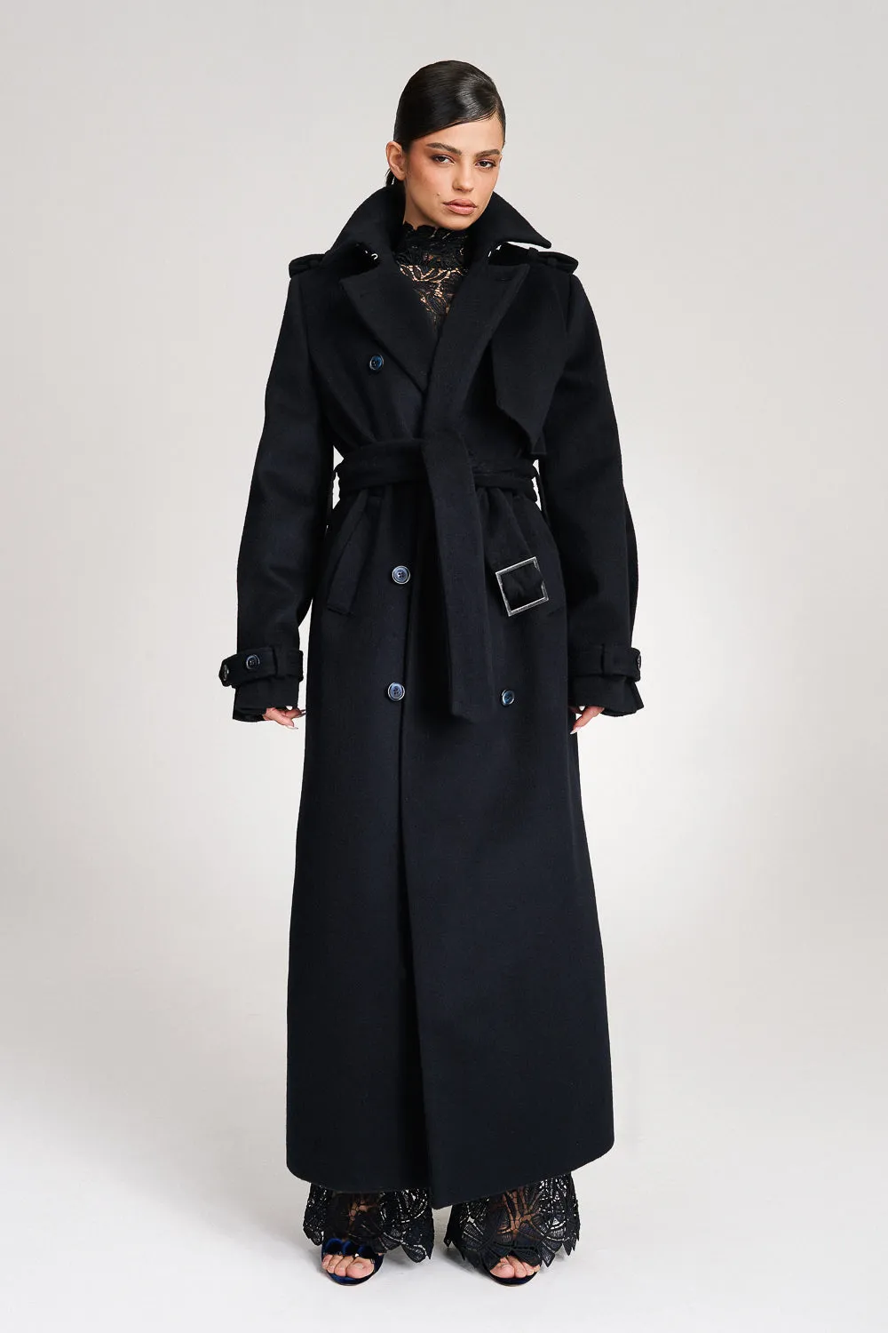 'Safiyya' Belted Double-Breasted Wool Trench Coat