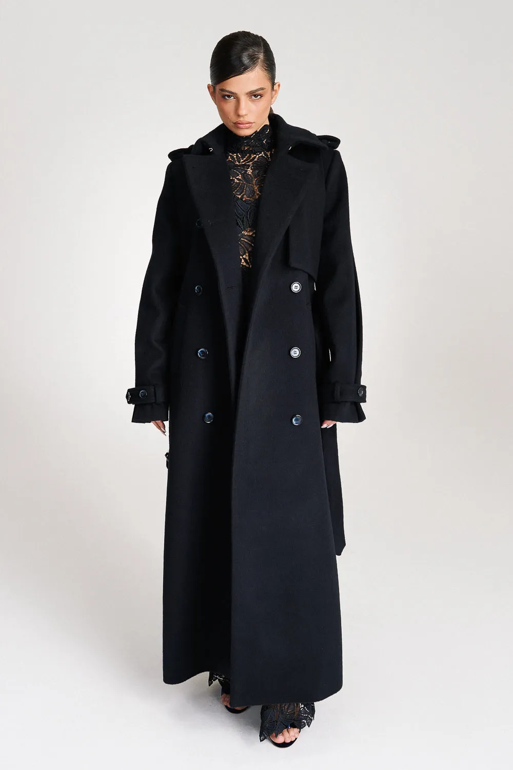 'Safiyya' Belted Double-Breasted Wool Trench Coat
