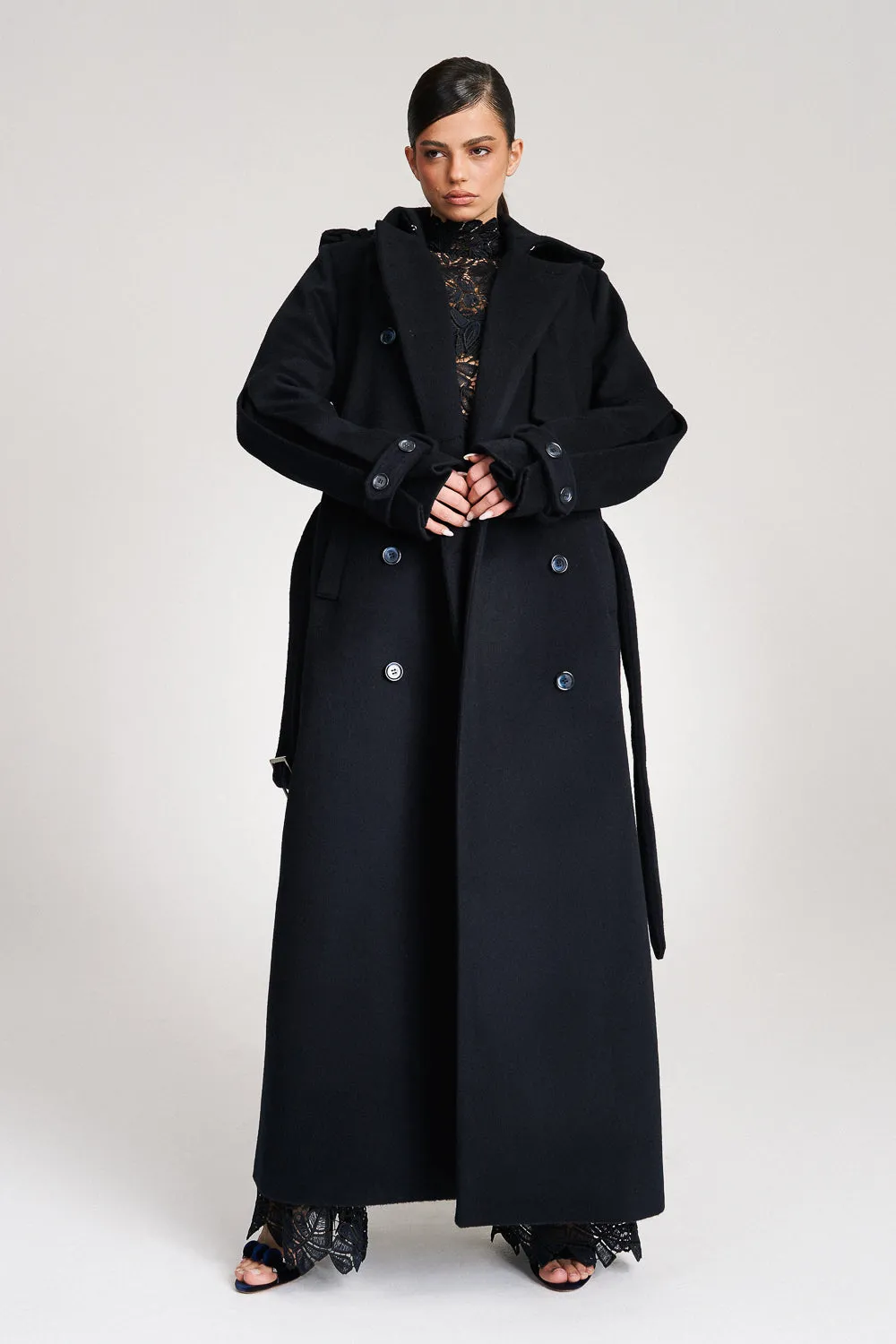 'Safiyya' Belted Double-Breasted Wool Trench Coat