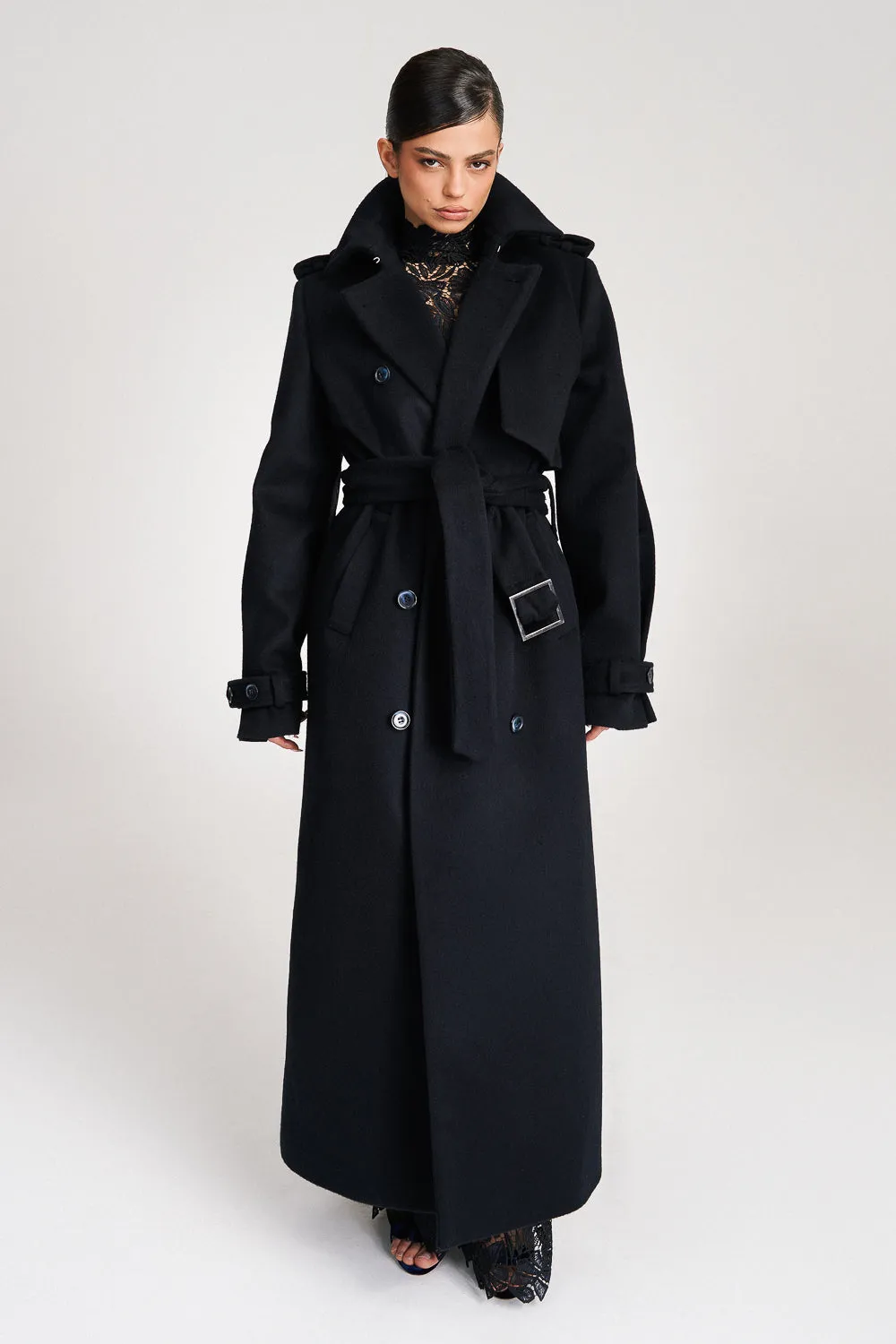 'Safiyya' Belted Double-Breasted Wool Trench Coat