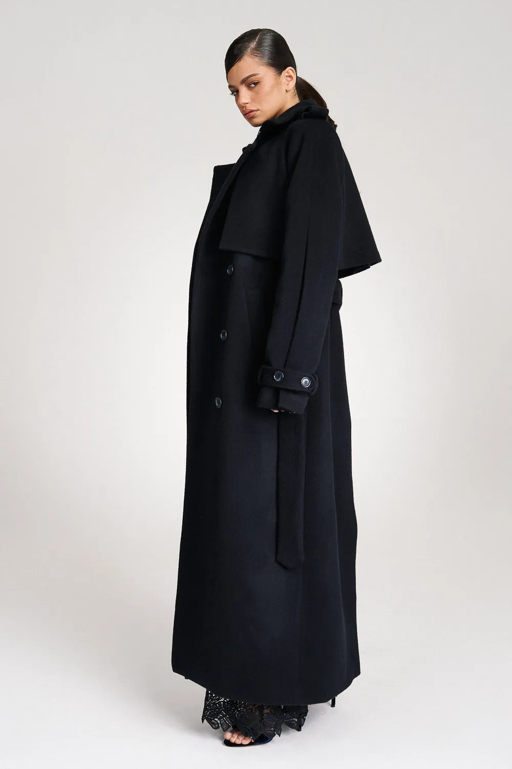 'Safiyya' Belted Double-Breasted Wool Trench Coat