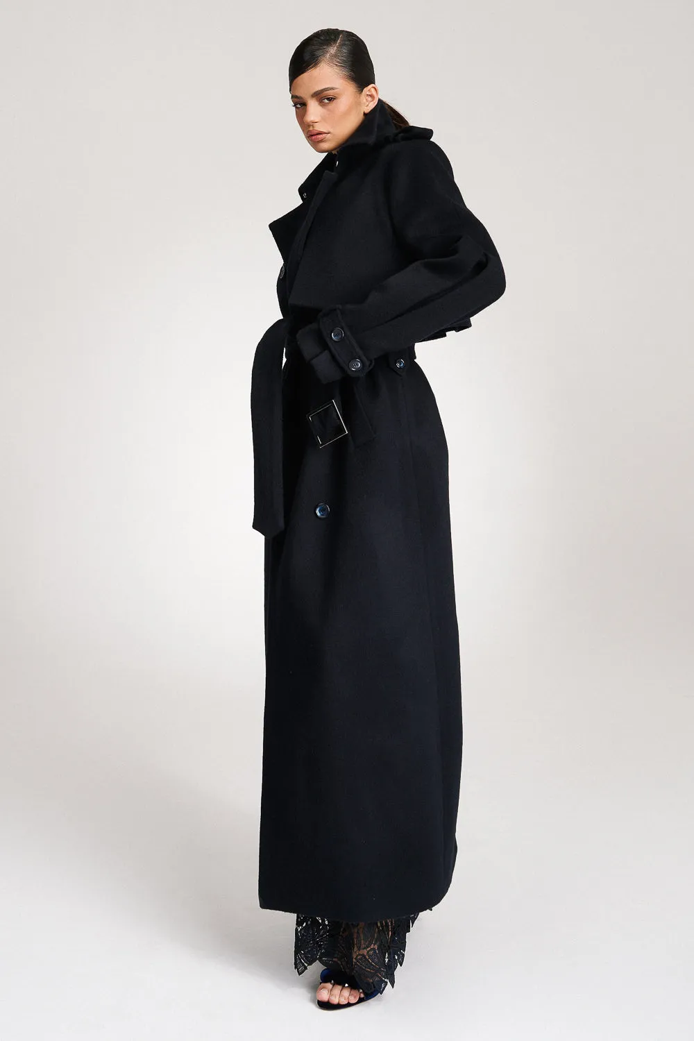 'Safiyya' Belted Double-Breasted Wool Trench Coat