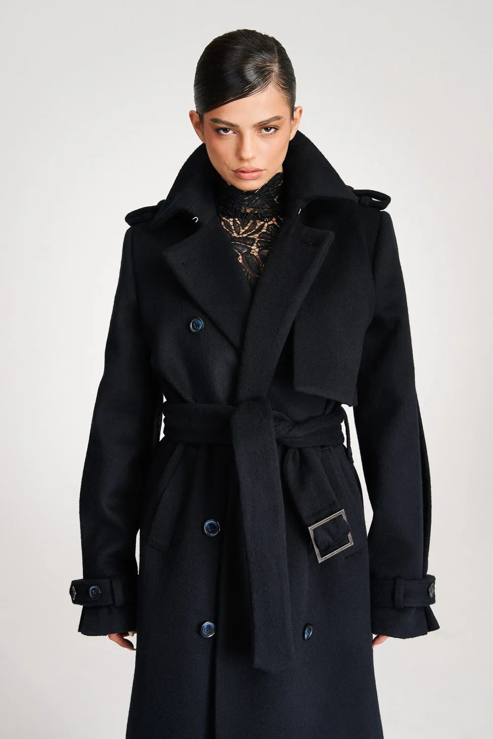 'Safiyya' Belted Double-Breasted Wool Trench Coat