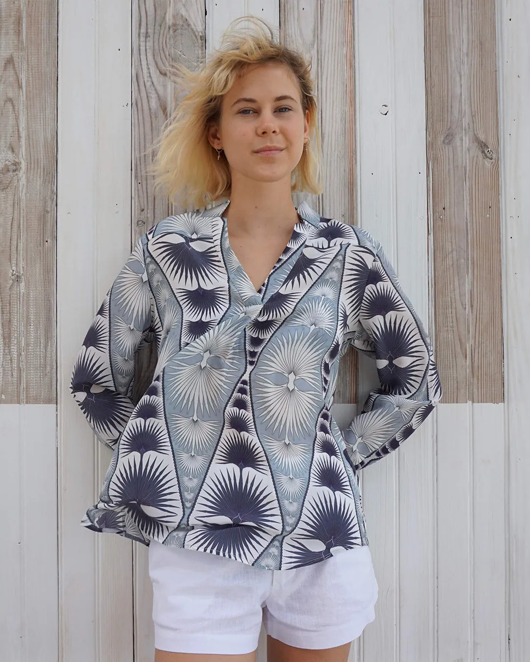 Silk Kim Blouse FAN PALM REPEAT