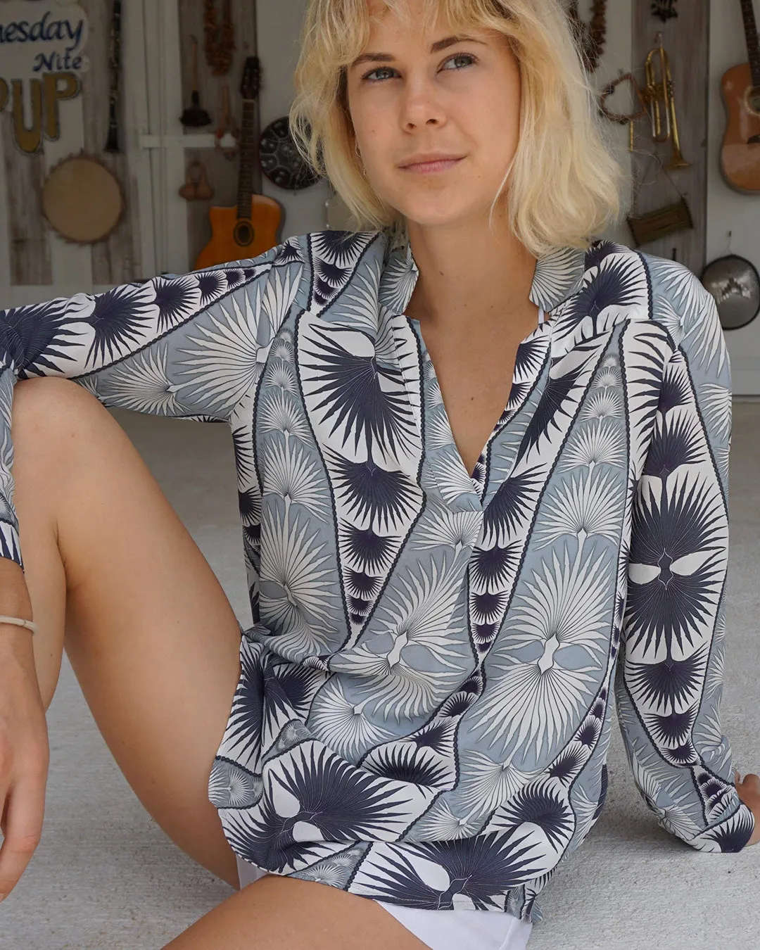 Silk Kim Blouse FAN PALM REPEAT