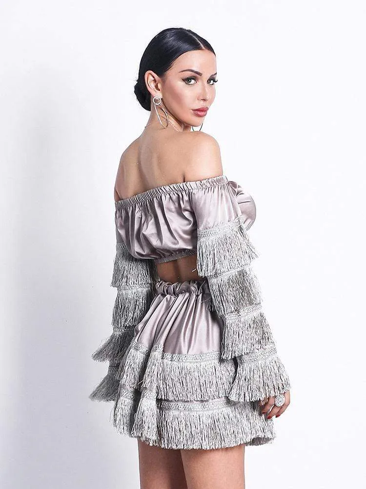 Silver Tassel Layered Top & Skirt