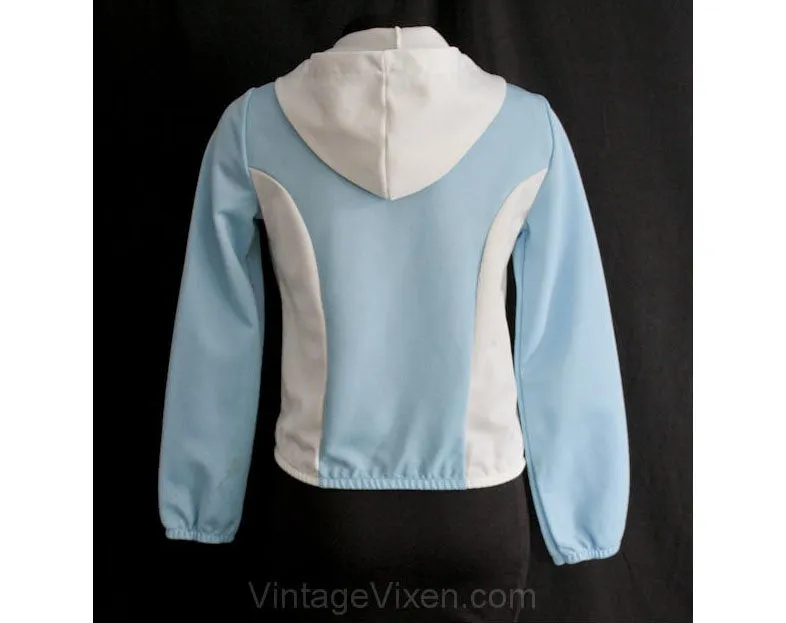 Small 1970s Casual Jacket with Hood - Size 6 Sky Blue & White Two-Tone Zip Front Hoodie - Roller Derby - Lightweight 70s Hooded - Bust 34.5