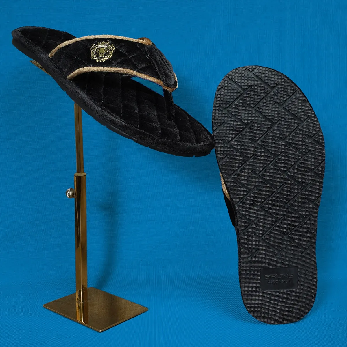 Soft Italian Velvet Slippers in Black Full Quilted with Beige Piping V-Strap