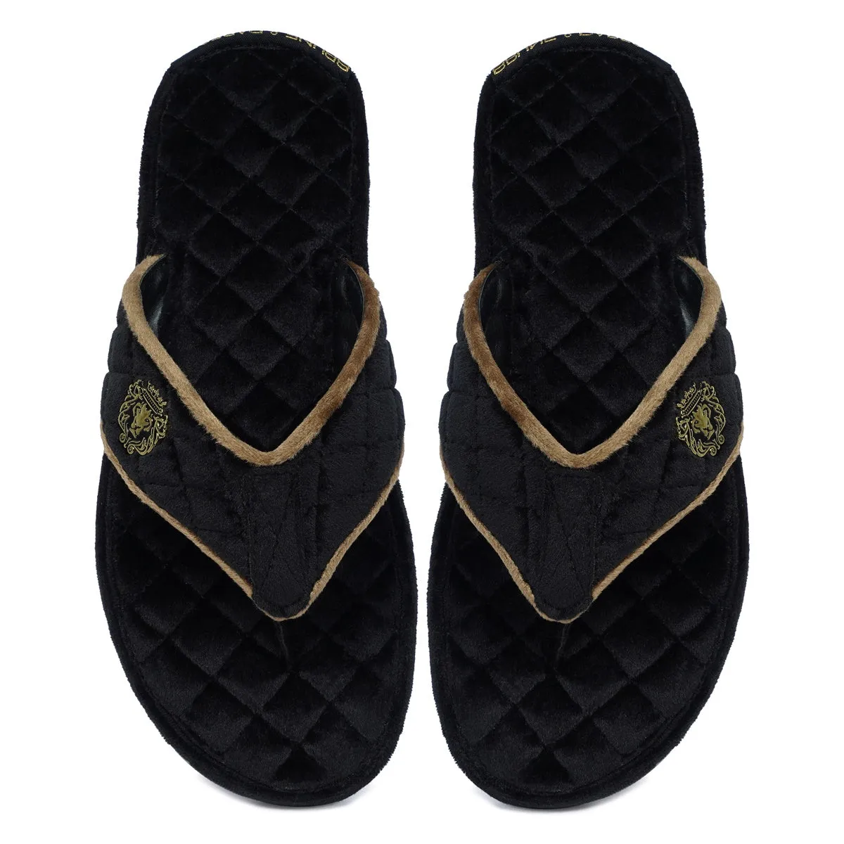 Soft Italian Velvet Slippers in Black Full Quilted with Beige Piping V-Strap