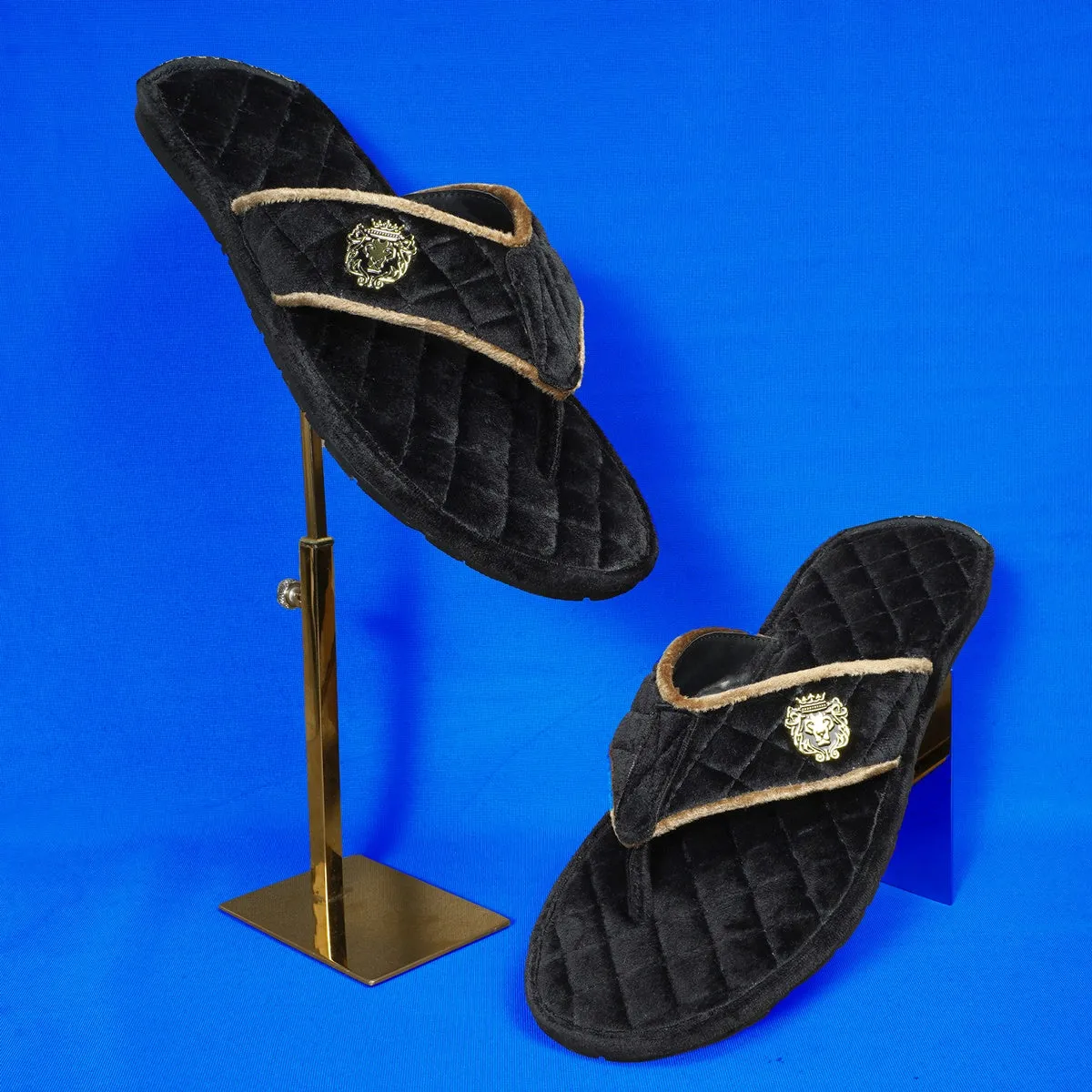 Soft Italian Velvet Slippers in Black Full Quilted with Beige Piping V-Strap