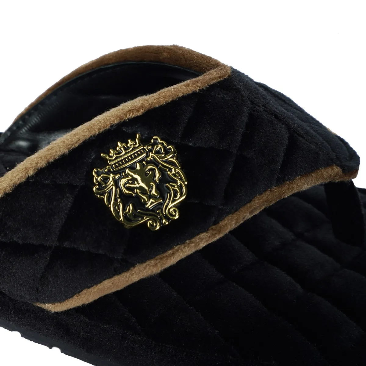 Soft Italian Velvet Slippers in Black Full Quilted with Beige Piping V-Strap