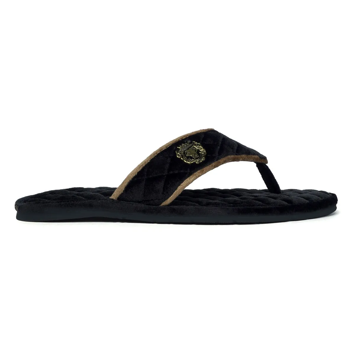 Soft Italian Velvet Slippers in Black Full Quilted with Beige Piping V-Strap