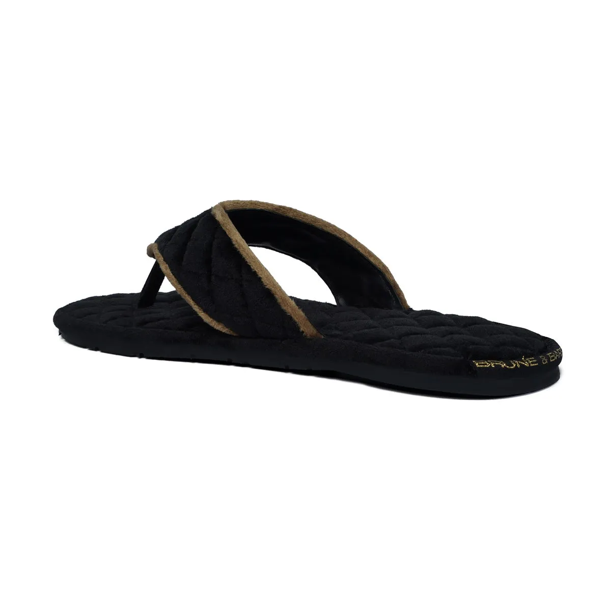 Soft Italian Velvet Slippers in Black Full Quilted with Beige Piping V-Strap