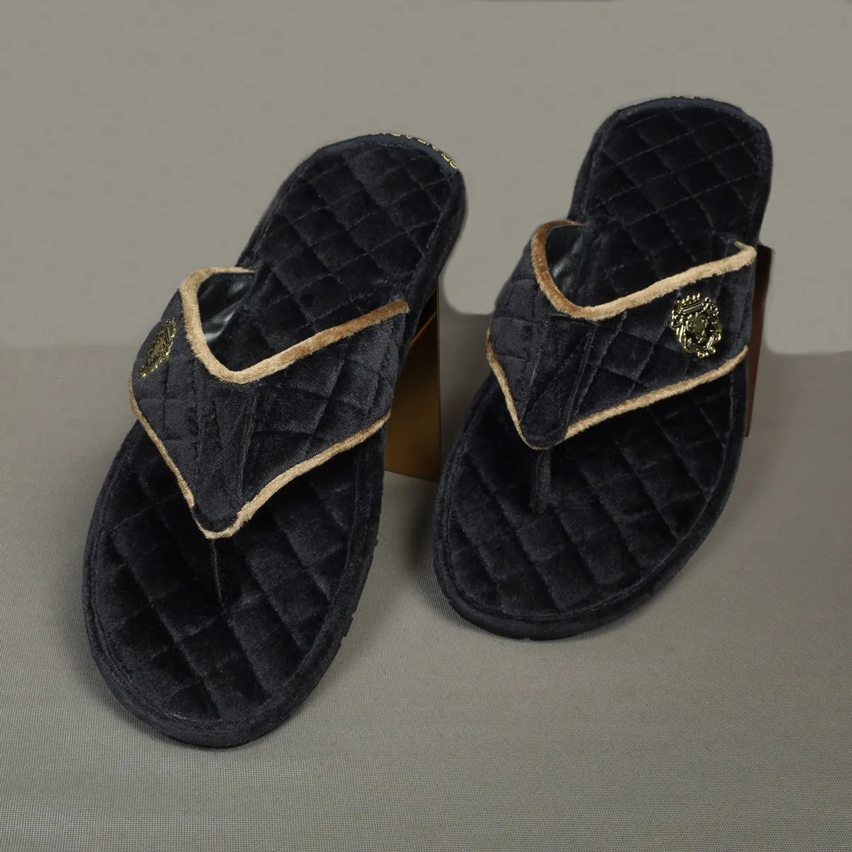 Soft Italian Velvet Slippers in Black Full Quilted with Beige Piping V-Strap