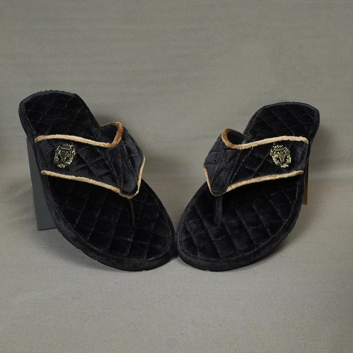 Soft Italian Velvet Slippers in Black Full Quilted with Beige Piping V-Strap