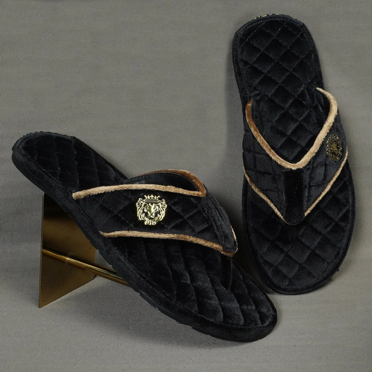 Soft Italian Velvet Slippers in Black Full Quilted with Beige Piping V-Strap