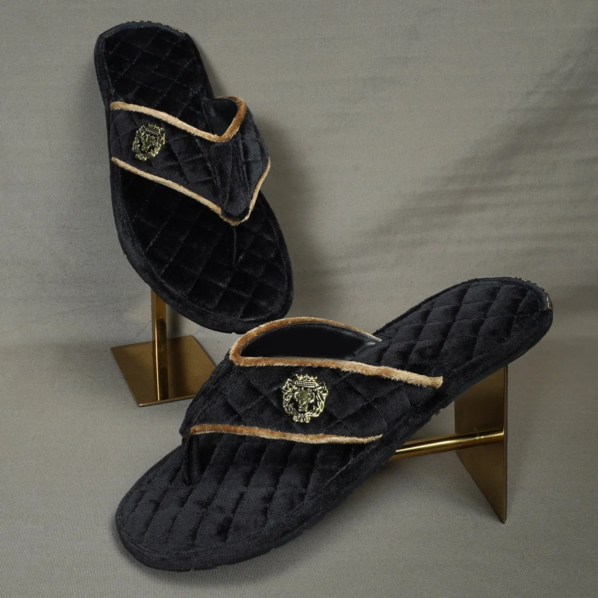 Soft Italian Velvet Slippers in Black Full Quilted with Beige Piping V-Strap