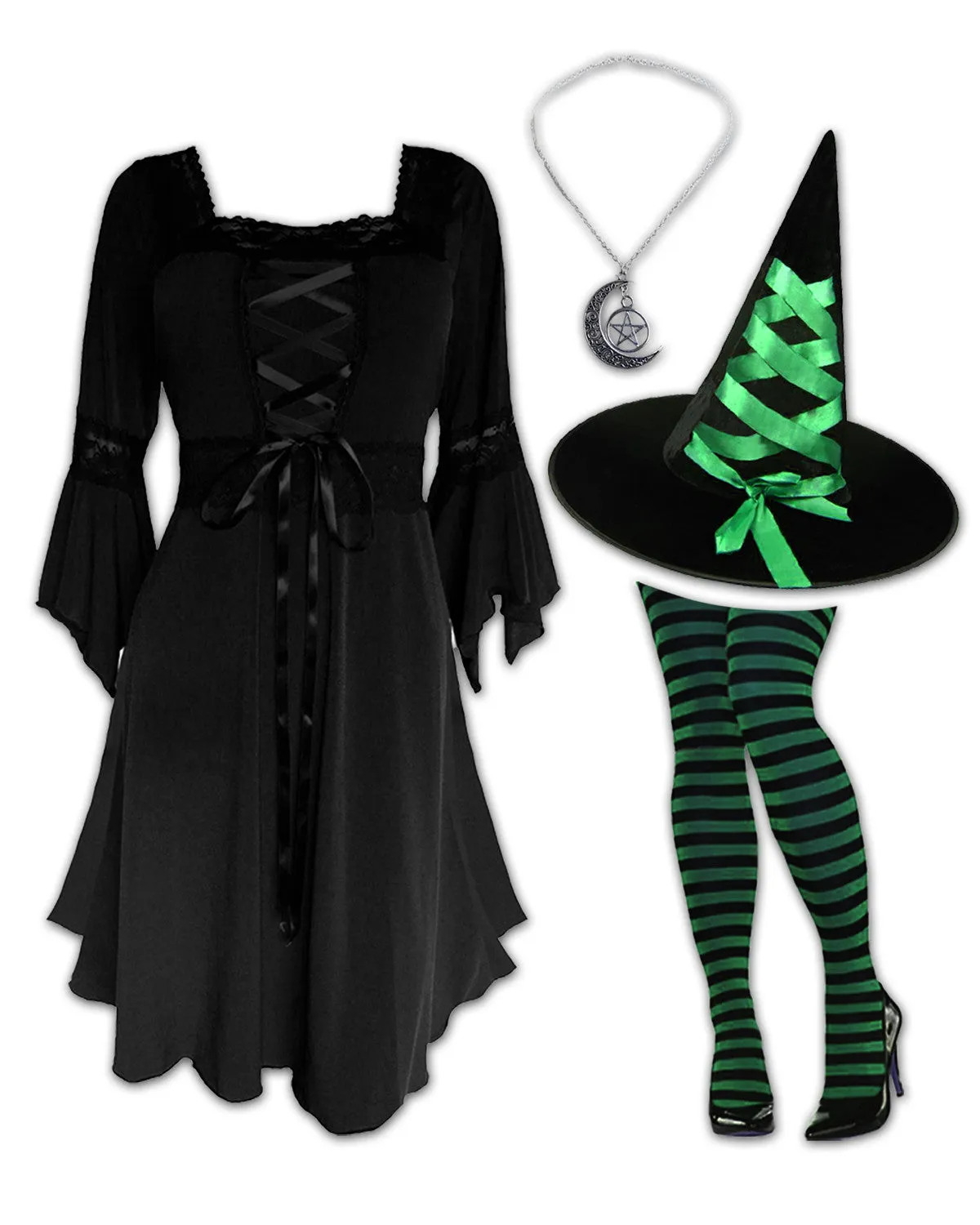 Sorceress Witch Costume with Black Renaissance Dress, Green