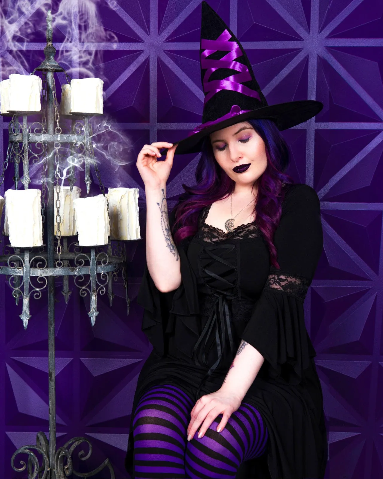 Sorceress Witch Costume with Black Renaissance Dress, Purple