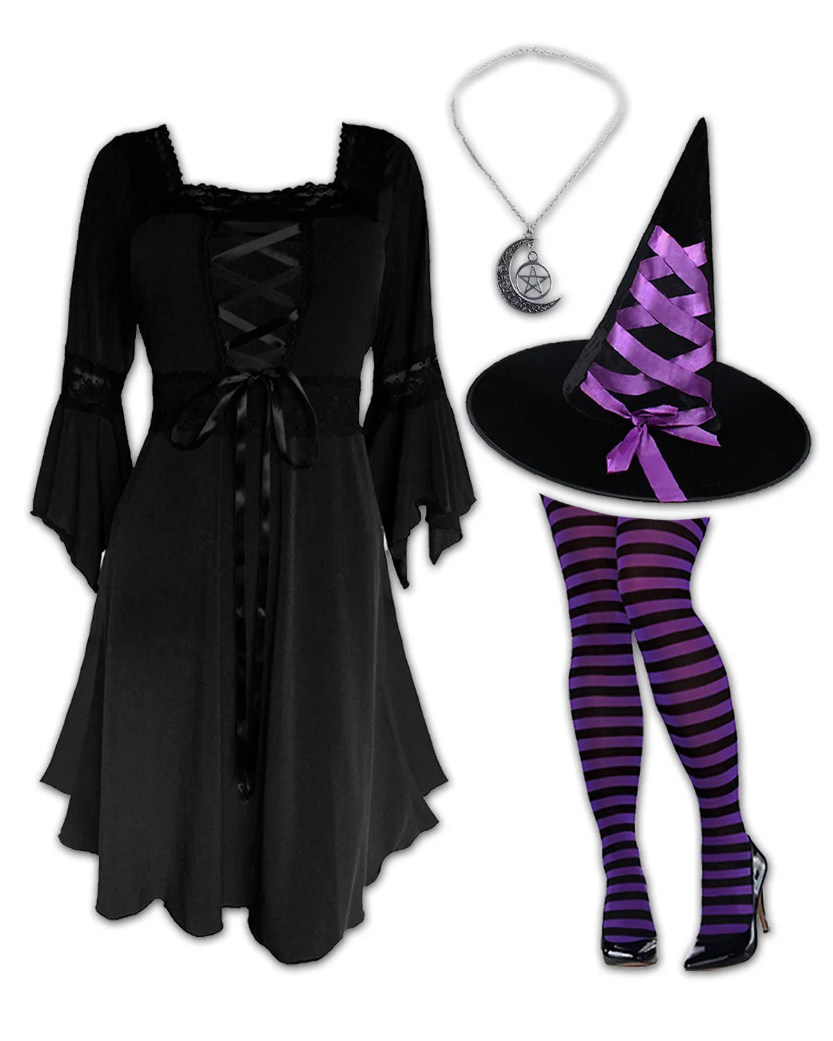 Sorceress Witch Costume with Black Renaissance Dress, Purple