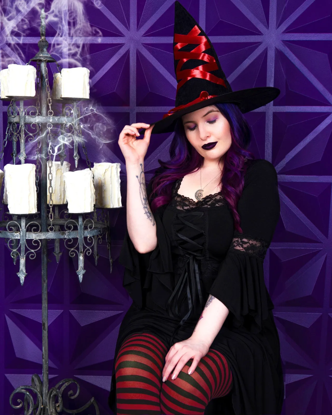 Sorceress Witch Costume with Black Renaissance Dress, Red