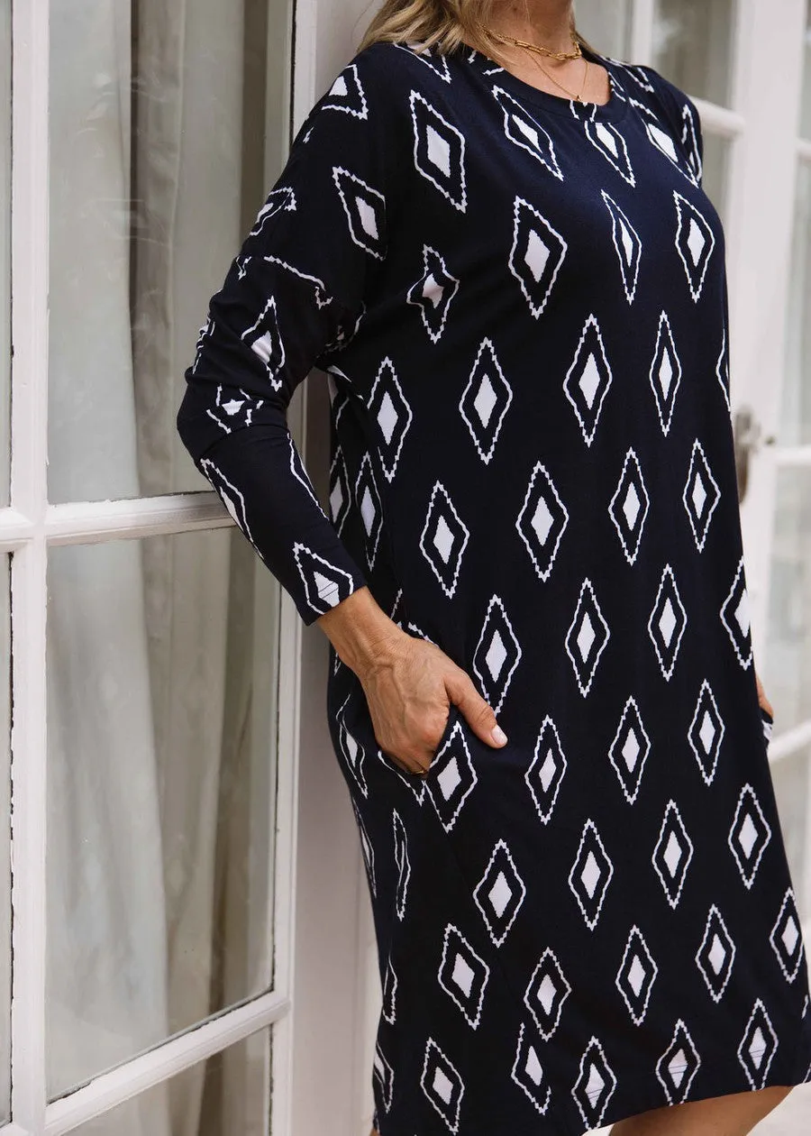 Turner Long-Sleeve Bamboo T-Shirt Dress - Navy Diamond