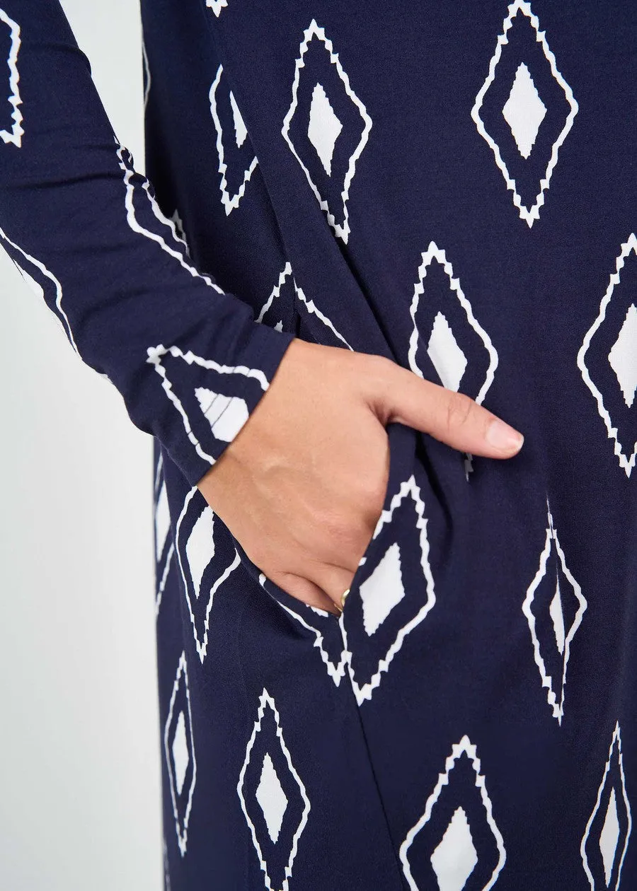 Turner Long-Sleeve Bamboo T-Shirt Dress - Navy Diamond