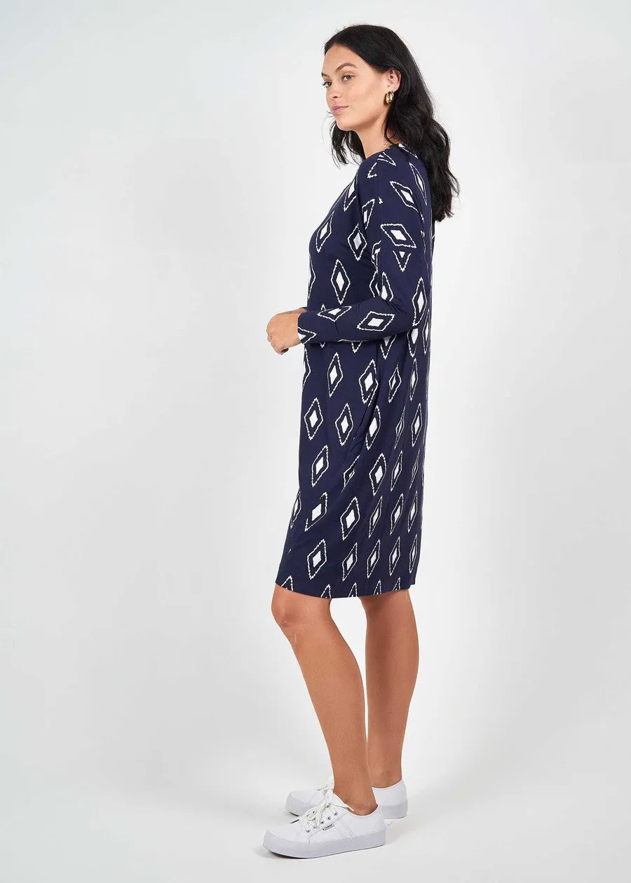 Turner Long-Sleeve Bamboo T-Shirt Dress - Navy Diamond