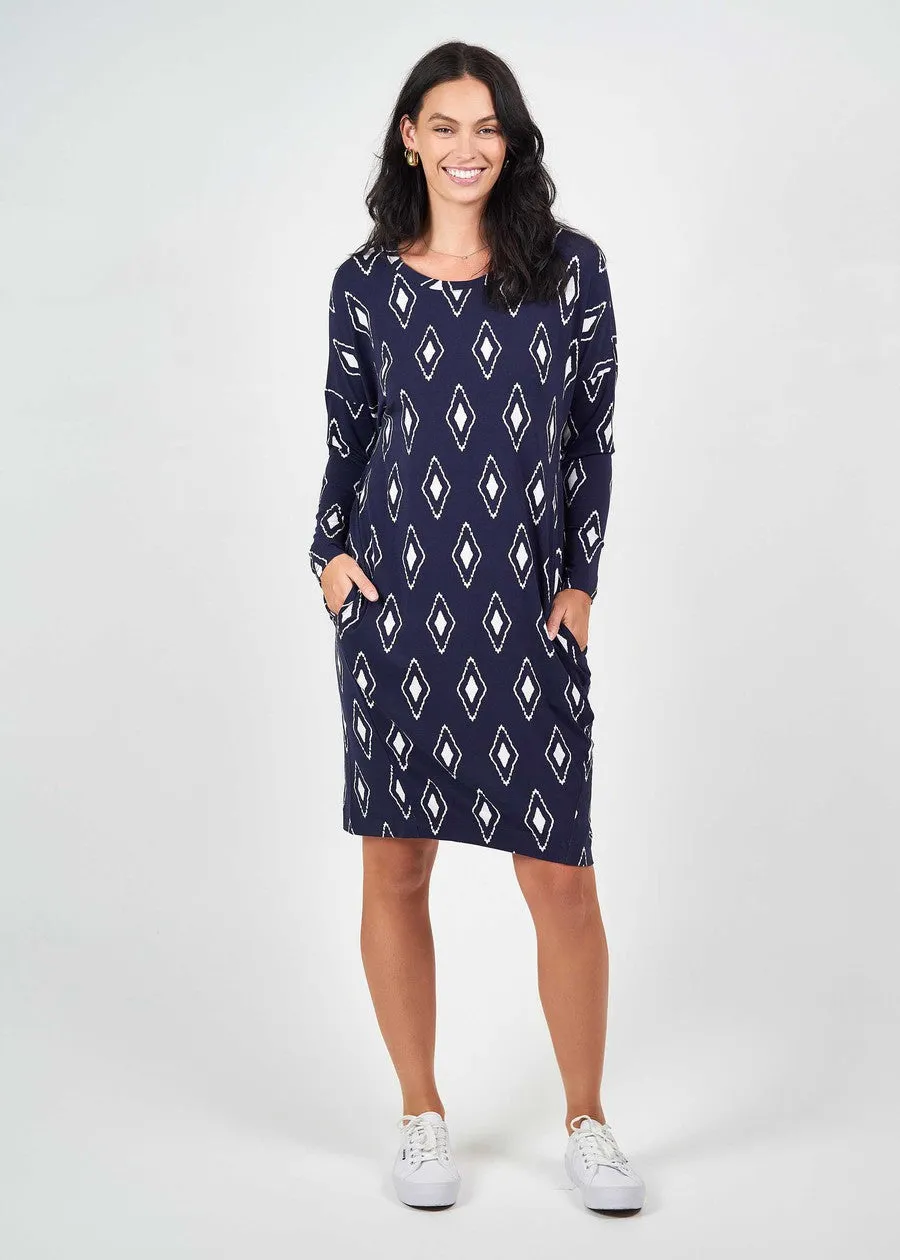 Turner Long-Sleeve Bamboo T-Shirt Dress - Navy Diamond