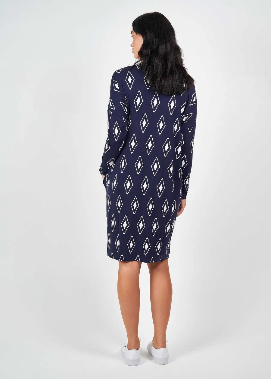 Turner Long-Sleeve Bamboo T-Shirt Dress - Navy Diamond