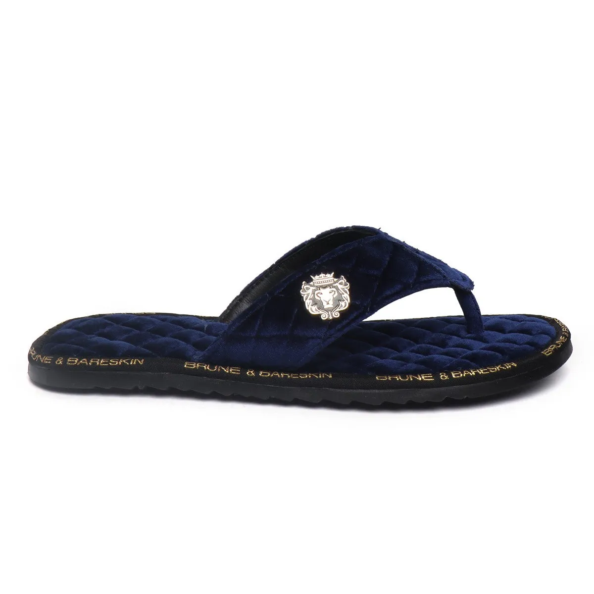 V-Shaped Blue Brand Lining Velvet Quilted Slippers with Lion Logo by Brune & Bareskin