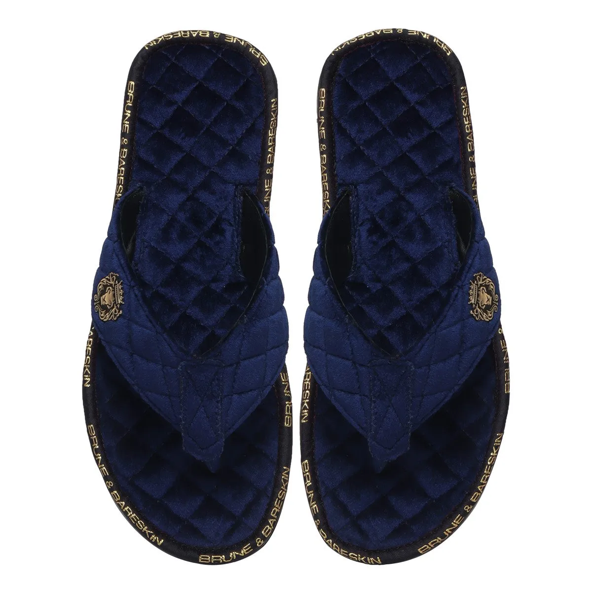 V-Shaped Blue Brand Lining Velvet Quilted Slippers with Lion Logo by Brune & Bareskin