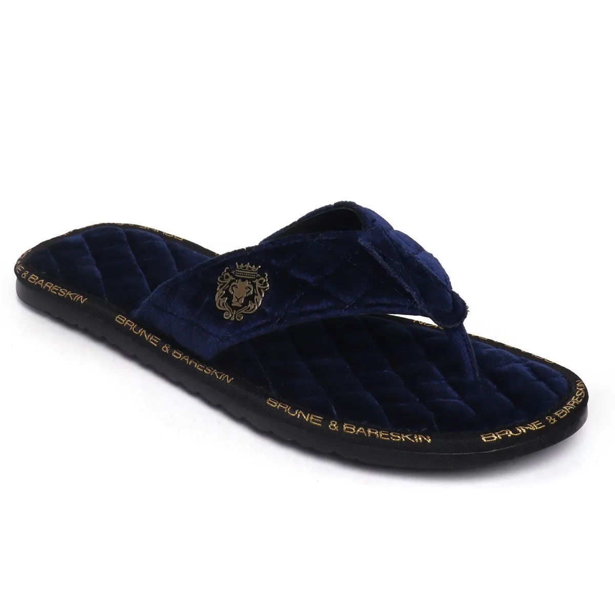 V-Shaped Blue Brand Lining Velvet Quilted Slippers with Lion Logo by Brune & Bareskin