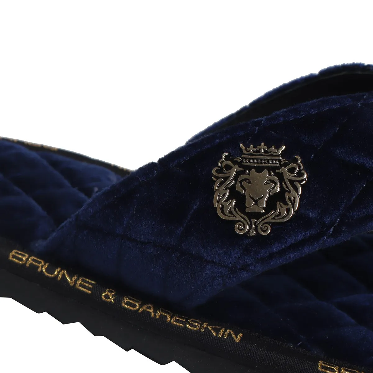 V-Shaped Blue Brand Lining Velvet Quilted Slippers with Lion Logo by Brune & Bareskin