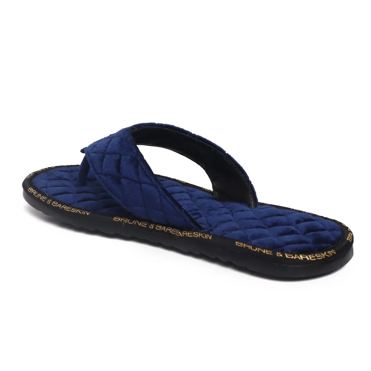 V-Shaped Blue Brand Lining Velvet Quilted Slippers with Lion Logo by Brune & Bareskin