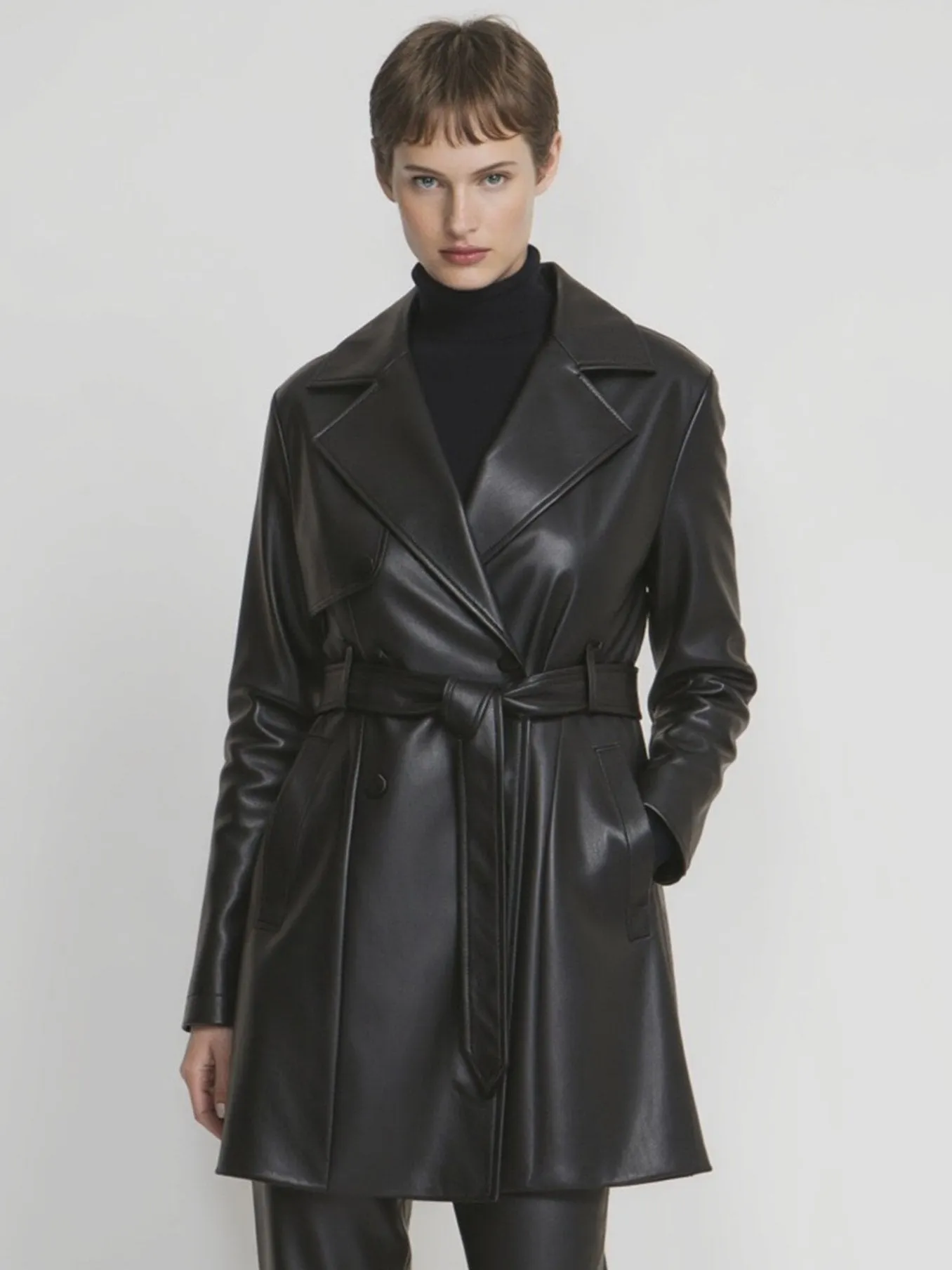 Vegan Leather Tie Waist Trench Coat