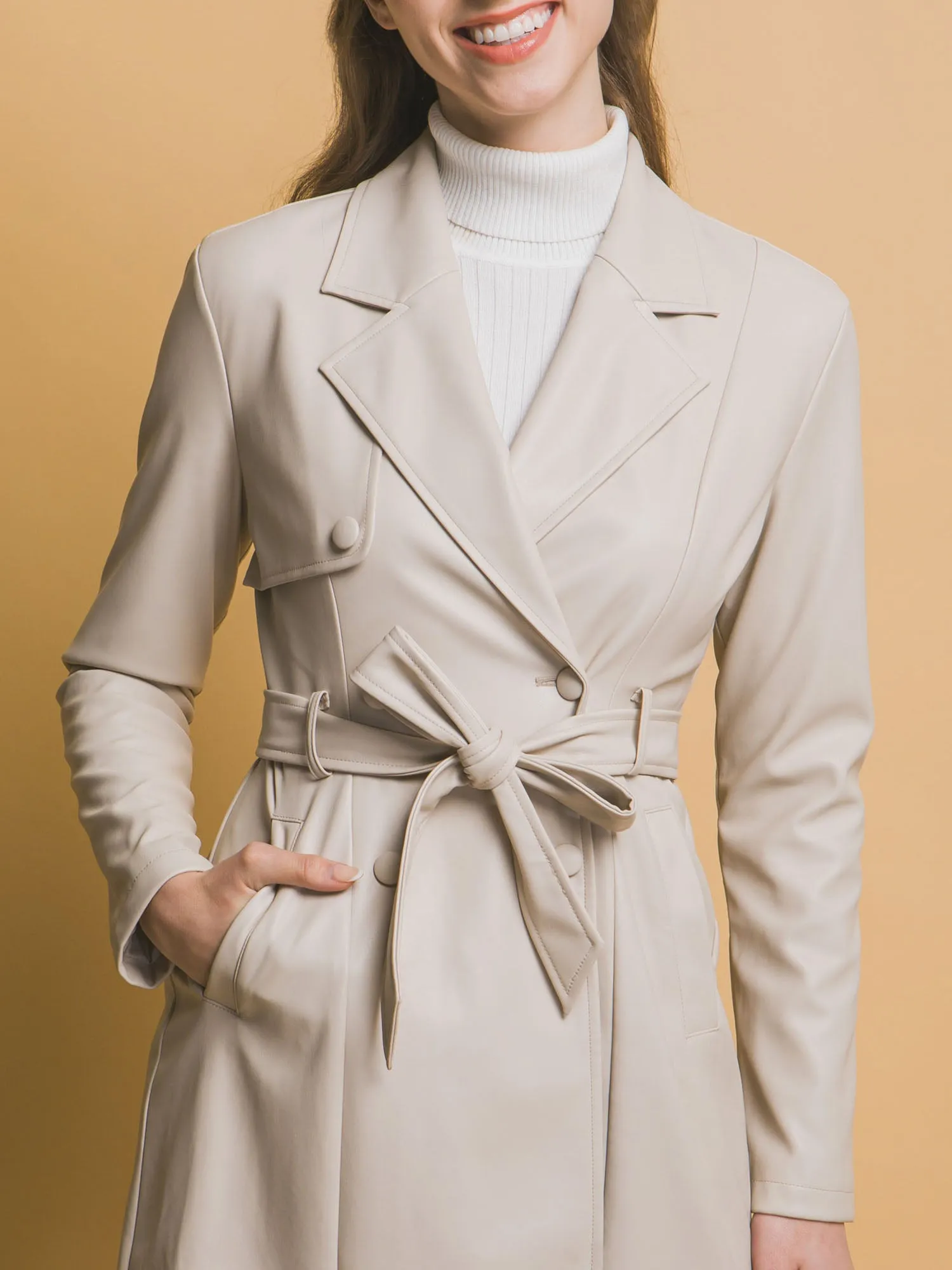 Vegan Leather Tie Waist Trench Coat