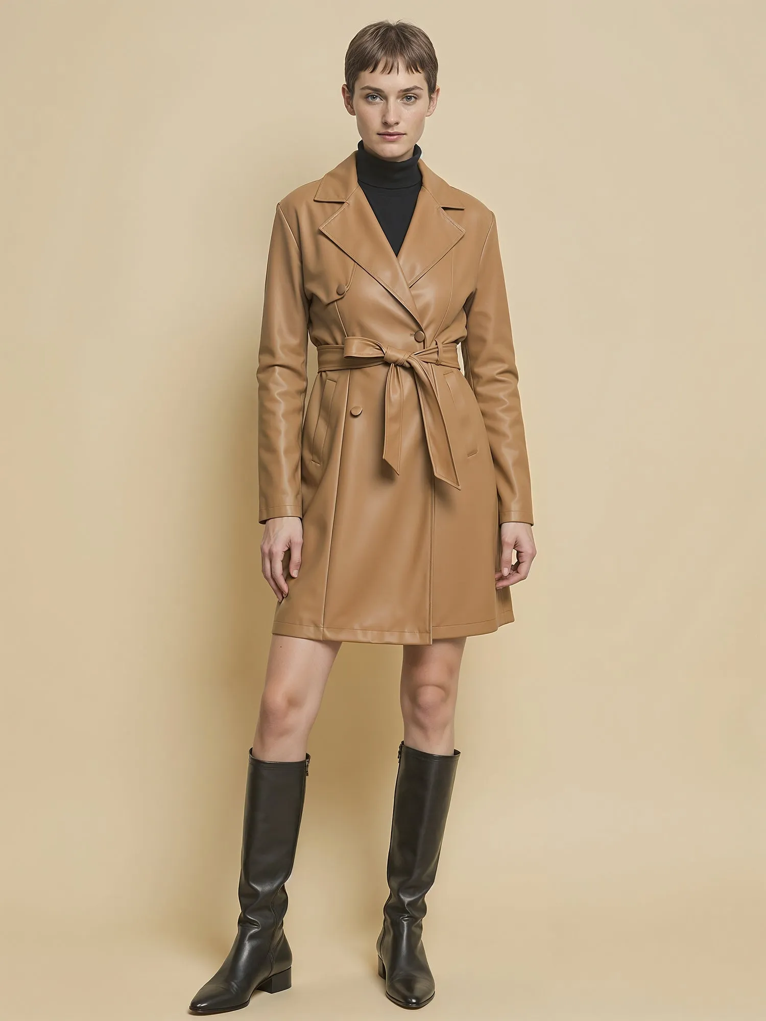 Vegan Leather Tie Waist Trench Coat