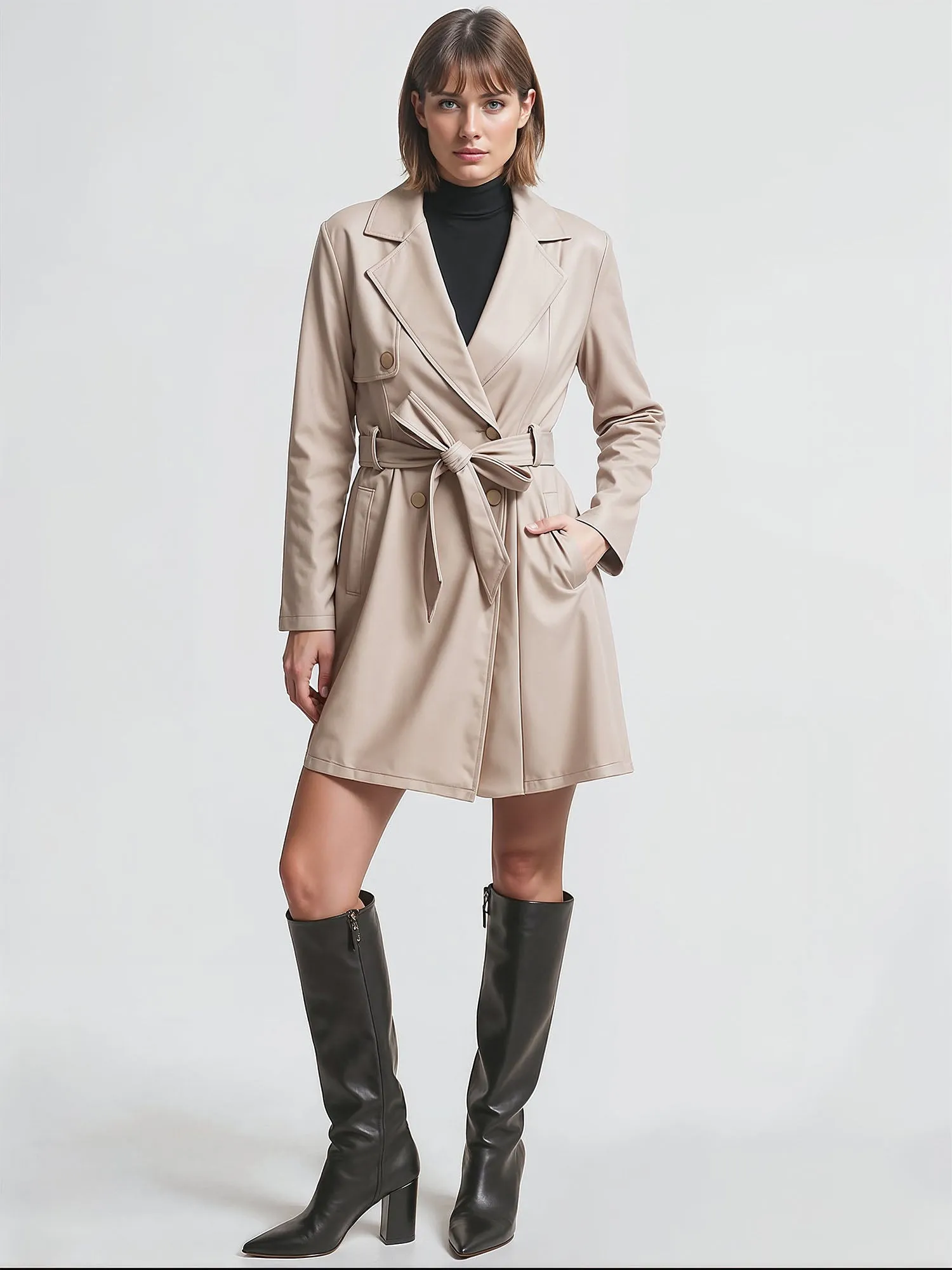 Vegan Leather Tie Waist Trench Coat