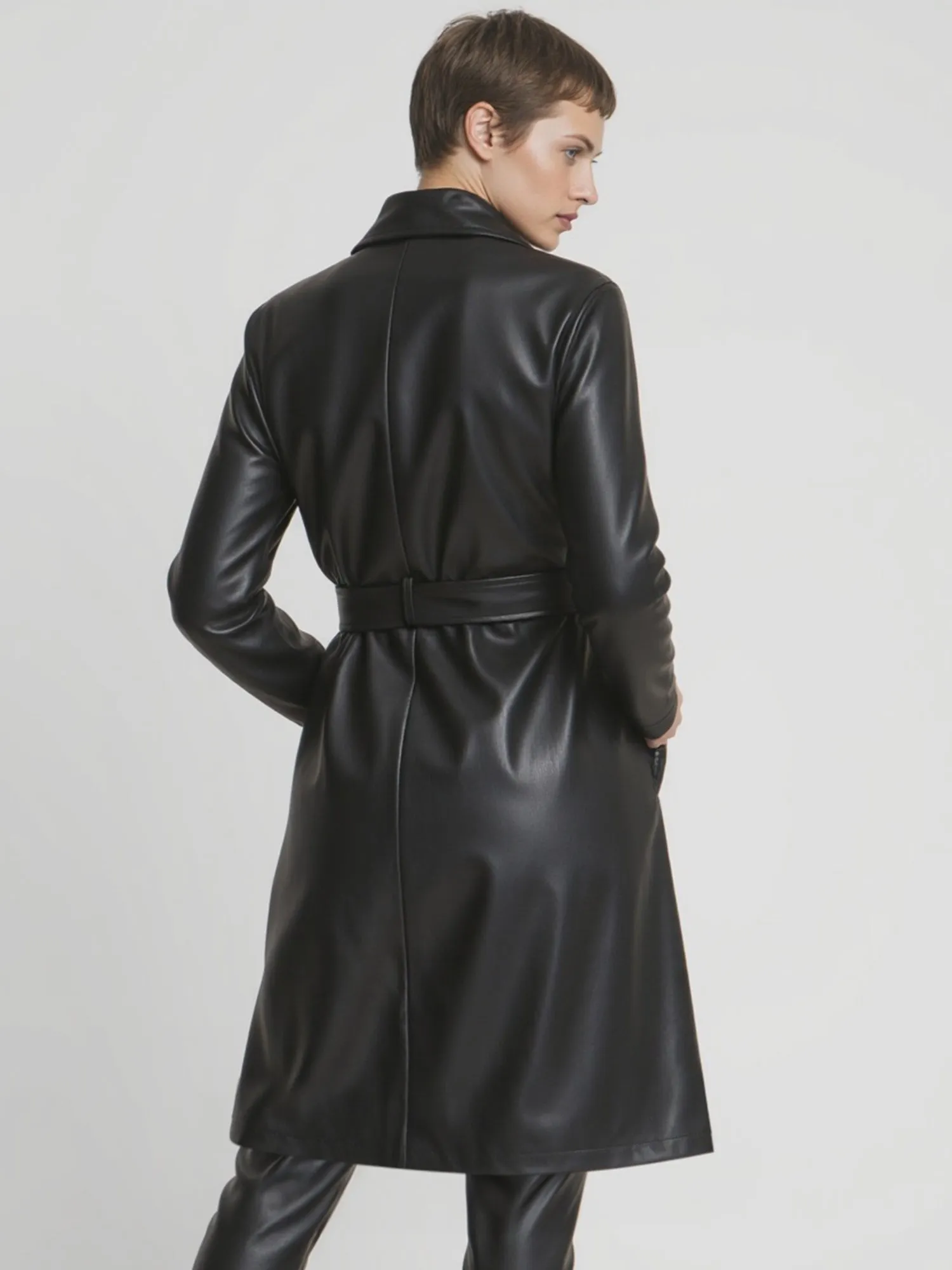 Vegan Leather Tie Waist Trench Coat