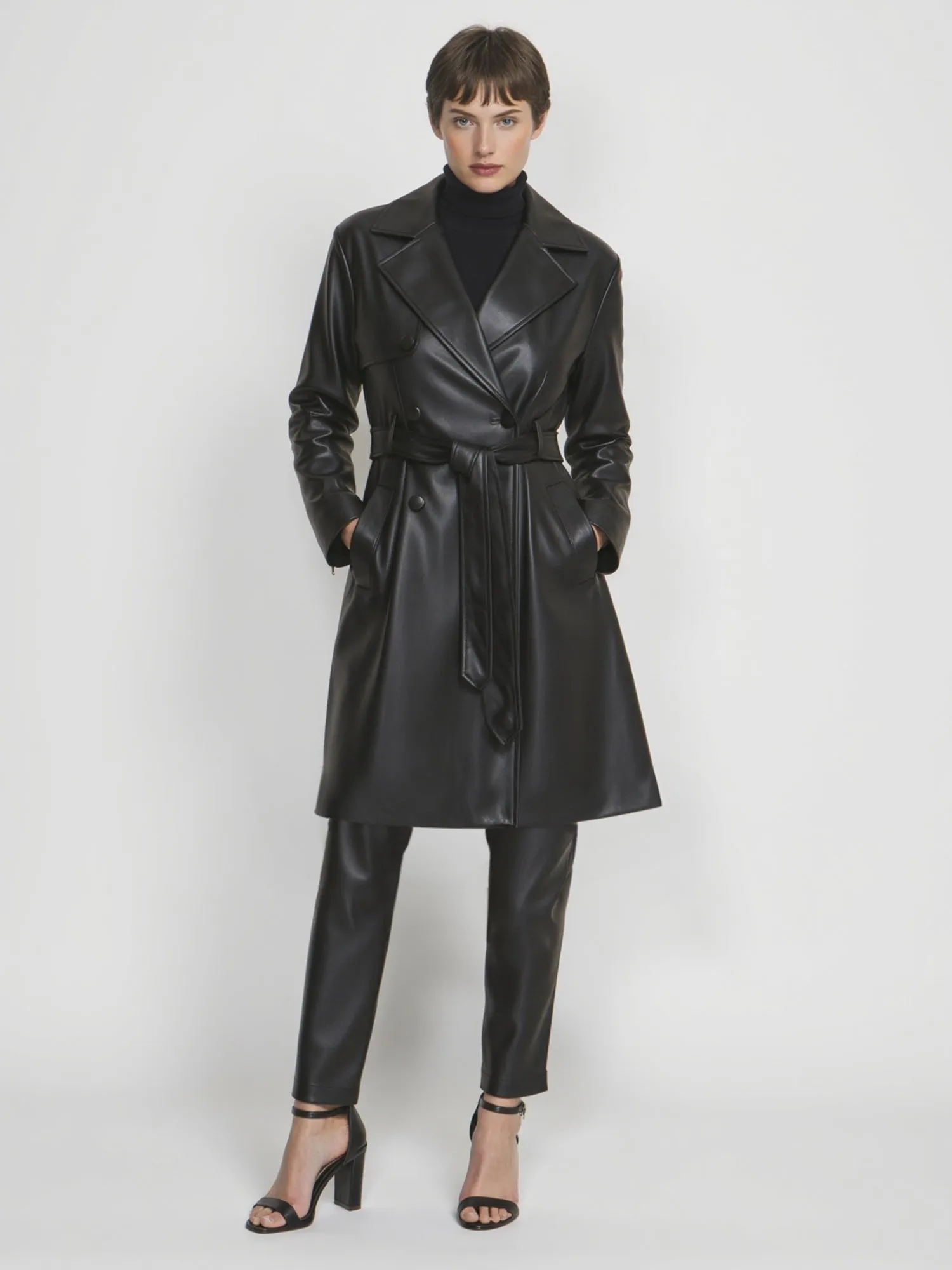 Vegan Leather Tie Waist Trench Coat