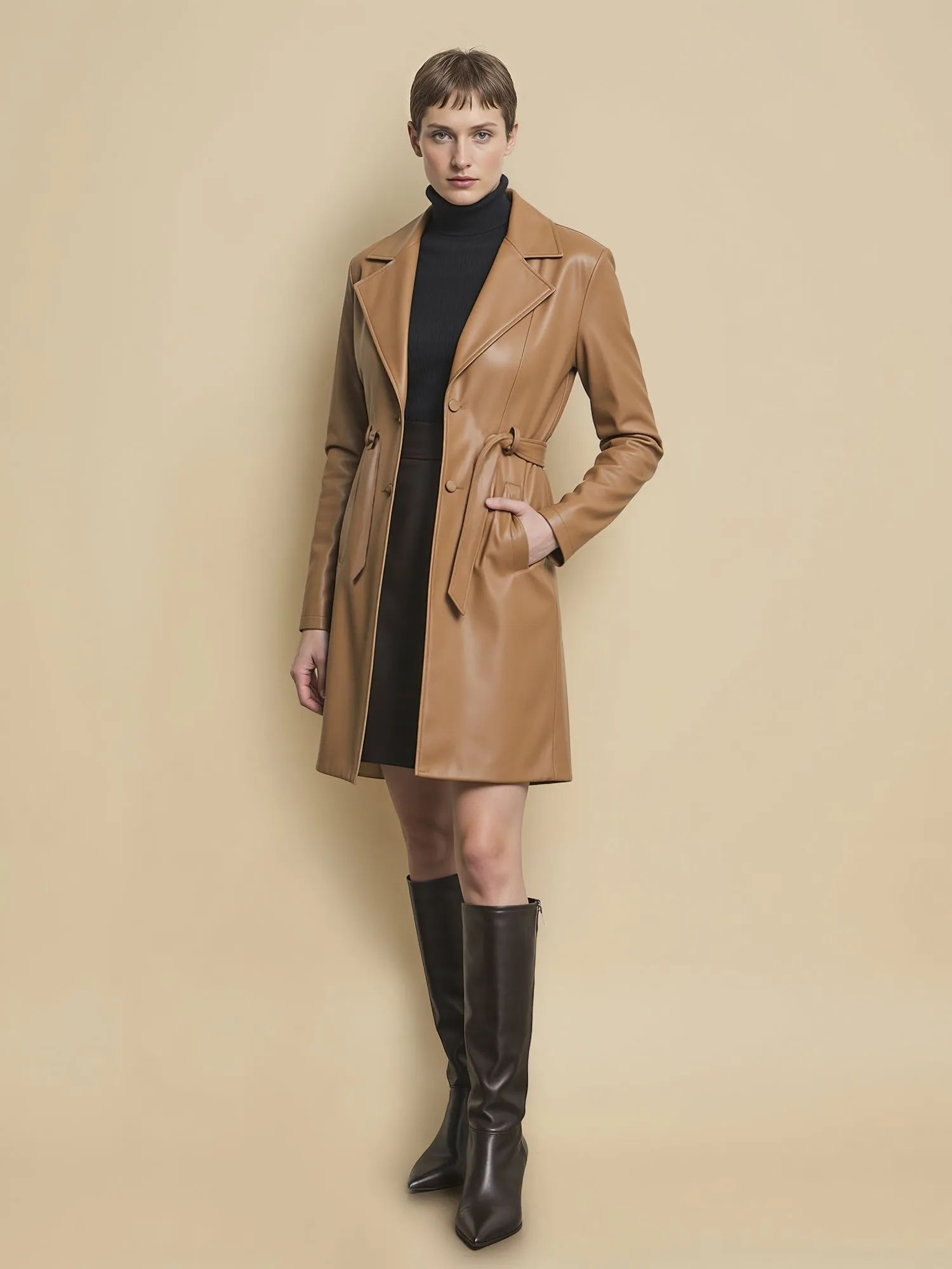 Vegan Leather Tie Waist Trench Coat