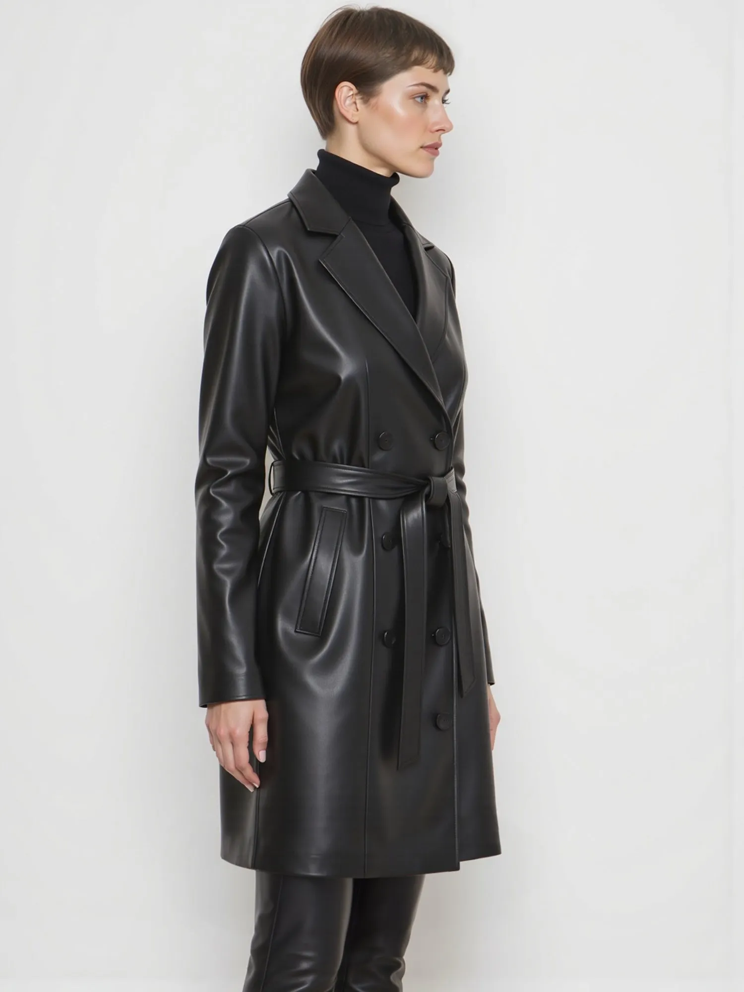 Vegan Leather Tie Waist Trench Coat
