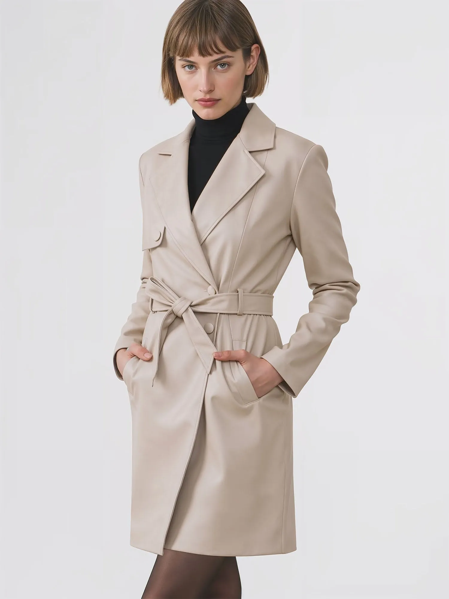 Vegan Leather Tie Waist Trench Coat