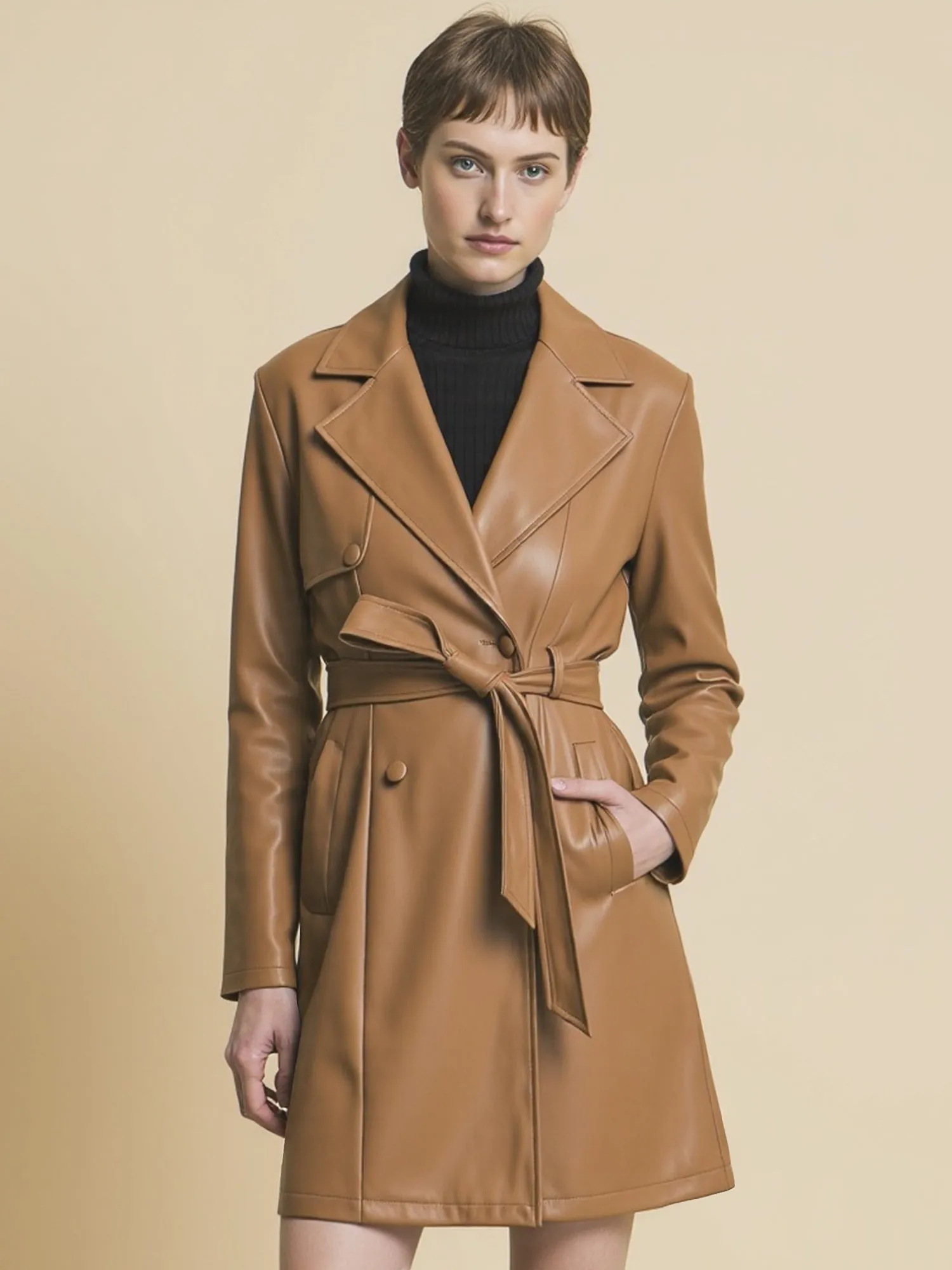 Vegan Leather Tie Waist Trench Coat