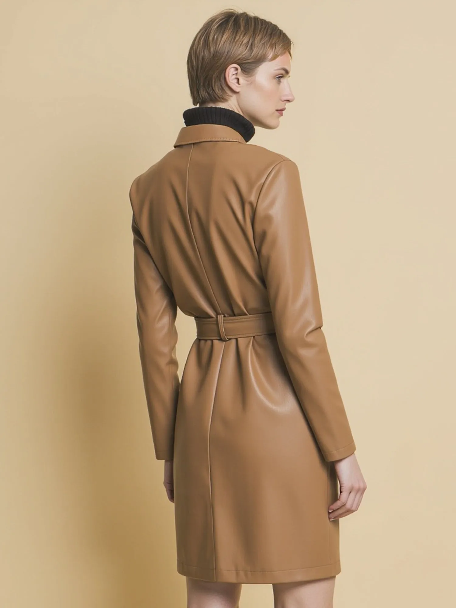 Vegan Leather Tie Waist Trench Coat