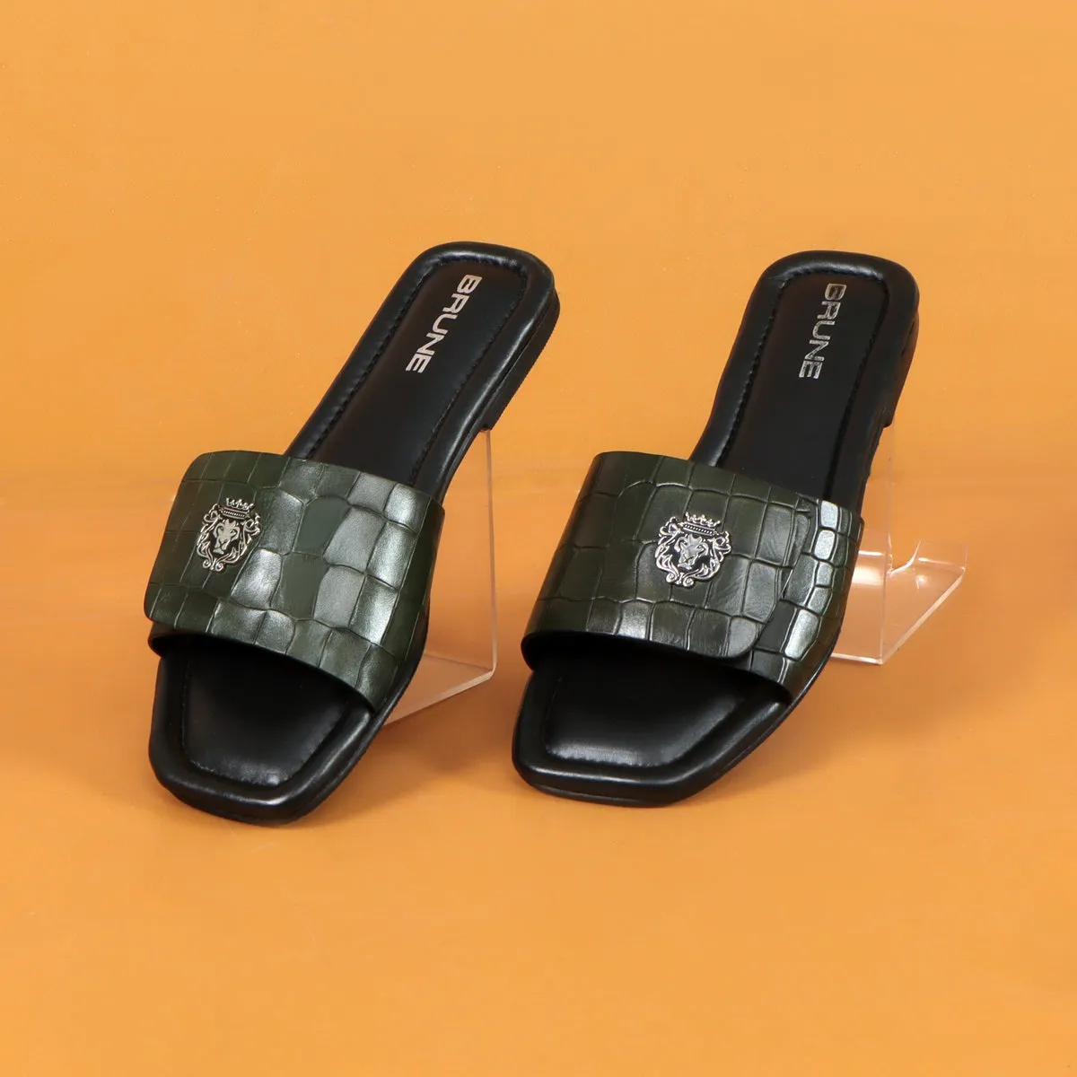 Velcro Adjustable Strap Slide In Slipper Croco Deep Cut Textured Dark Green Leather