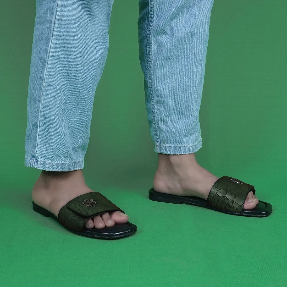 Velcro Adjustable Strap Slide In Slipper Croco Deep Cut Textured Dark Green Leather
