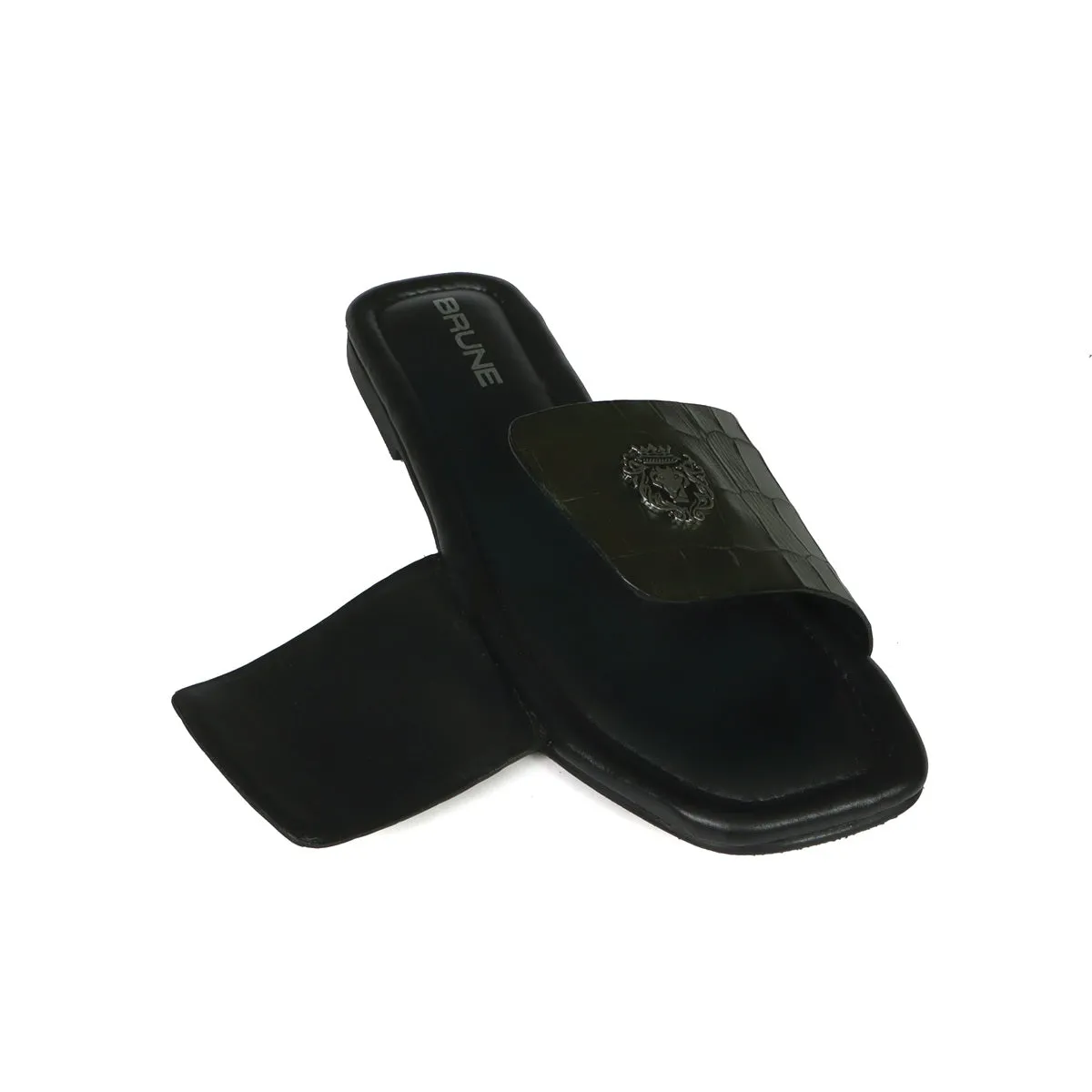 Velcro Adjustable Strap Slide In Slipper Croco Deep Cut Textured Dark Green Leather