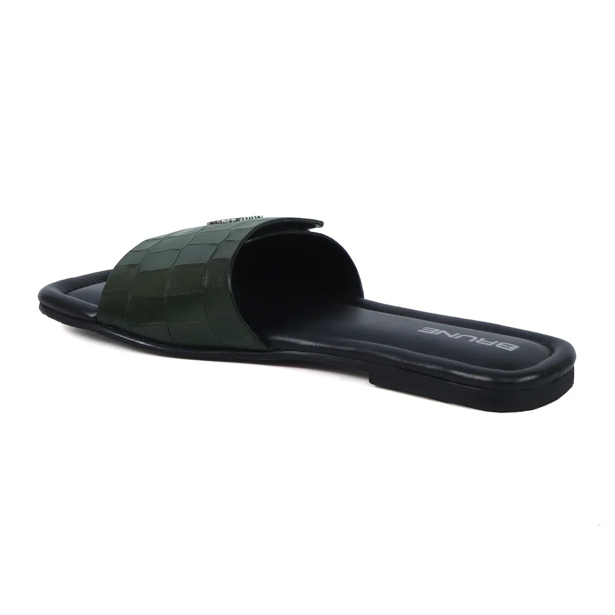 Velcro Adjustable Strap Slide In Slipper Croco Deep Cut Textured Dark Green Leather